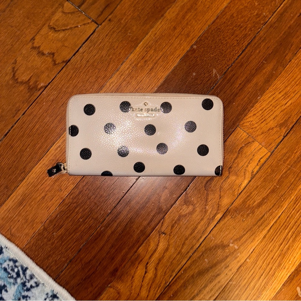 Kate Spade Cream and Black Polka Dot Wallet with Zipper Closure